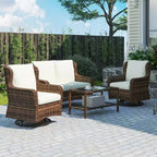 4-teiliges Rattan-Loungemöbel-Set, Konversations-Set mit drehbaren Gleitsesseln, Tisch und Zweiersofa für Garten, Terrasse