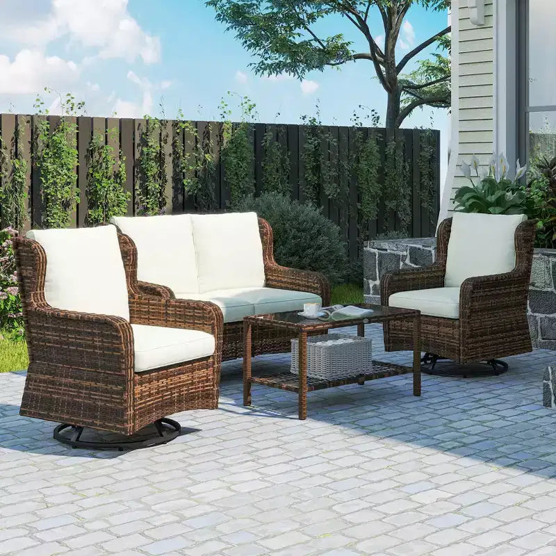 4-teiliges Rattan-Loungemöbel-Set, Konversations-Set mit drehbaren Gleitsesseln, Tisch und Zweiersofa für Garten, Terrasse