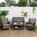 4-teiliges Rattan-Loungemöbel-Set, Konversations-Set mit drehbaren Gleitsesseln, Tisch und Zweiersofa für Garten, Terrasse