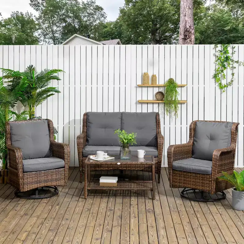 4-teiliges Rattan-Loungemöbel-Set, Konversations-Set mit drehbaren Gleitsesseln, Tisch und Zweiersofa für Garten, Terrasse