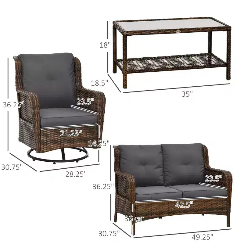 4-teiliges Rattan-Loungemöbel-Set, Konversations-Set mit drehbaren Gleitsesseln, Tisch und Zweiersofa für Garten, Terrasse