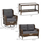 4-teiliges Rattan-Loungemöbel-Set, Konversations-Set mit drehbaren Gleitsesseln, Tisch und Zweiersofa für Garten, Terrasse