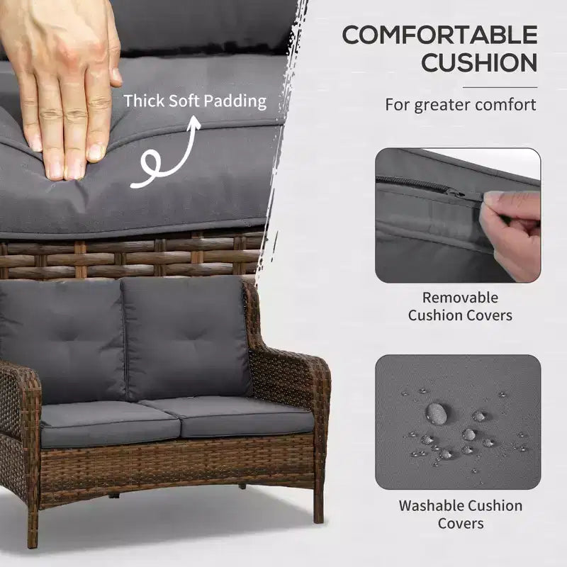 4-teiliges Rattan-Loungemöbel-Set, Konversations-Set mit drehbaren Gleitsesseln, Tisch und Zweiersofa für Garten, Terrasse