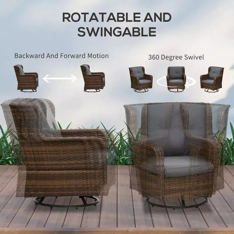 4-teiliges Rattan-Loungemöbel-Set, Konversations-Set mit drehbaren Gleitsesseln, Tisch und Zweiersofa für Garten, Terrasse