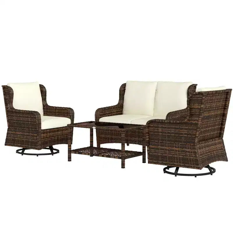 4-teiliges Rattan-Loungemöbel-Set, Konversations-Set mit drehbaren Gleitsesseln, Tisch und Zweiersofa für Garten, Terrasse