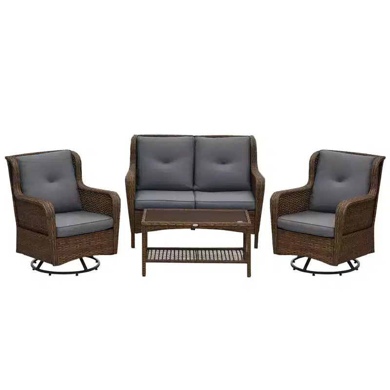 4 Piece Rattan Patio Furniture Set, Conversation Set with Swivel Glider Chairs Table Loveseat for Garden, Patio