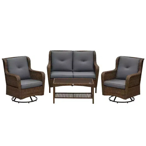 4 Piece Rattan Patio Furniture Set, Conversation Set with Swivel Glider Chairs Table Loveseat for Garden, Patio