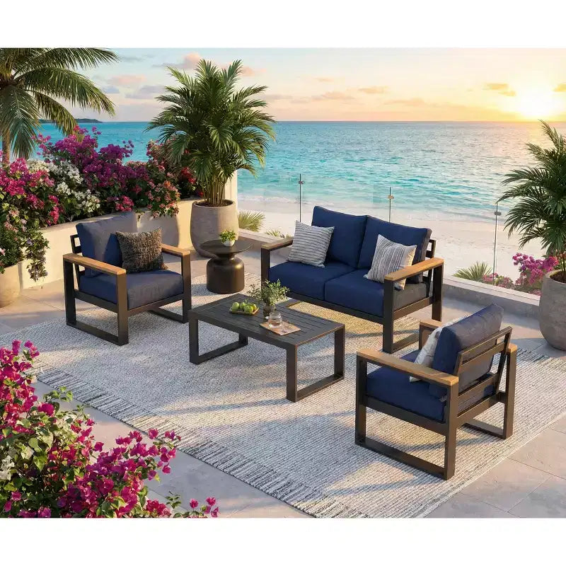 4 Piece Aluminum Outdoor Patio Furniture Set with Coffee Table, Outdoor Conversation Set with Washable Thick Cushions, Sectional Seating for Poolside