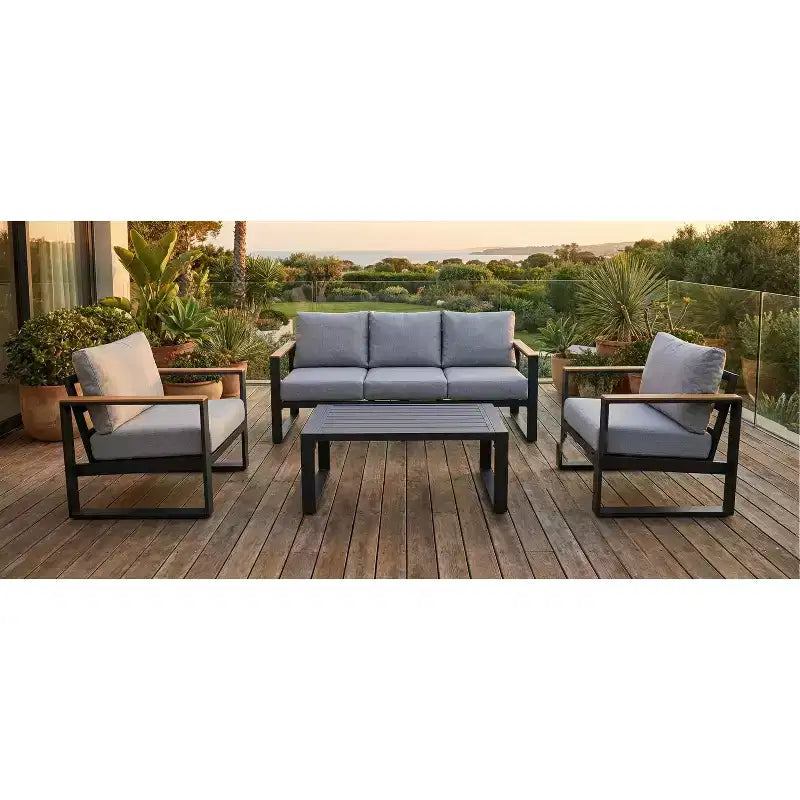 4-teiliges Aluminium-Terrassenmöbel-Set mit Couchtisch, Outdoor-Gesprächsgruppe mit waschbaren, dicken Kissen, Sektionsbestuhlung für den Poolbereich