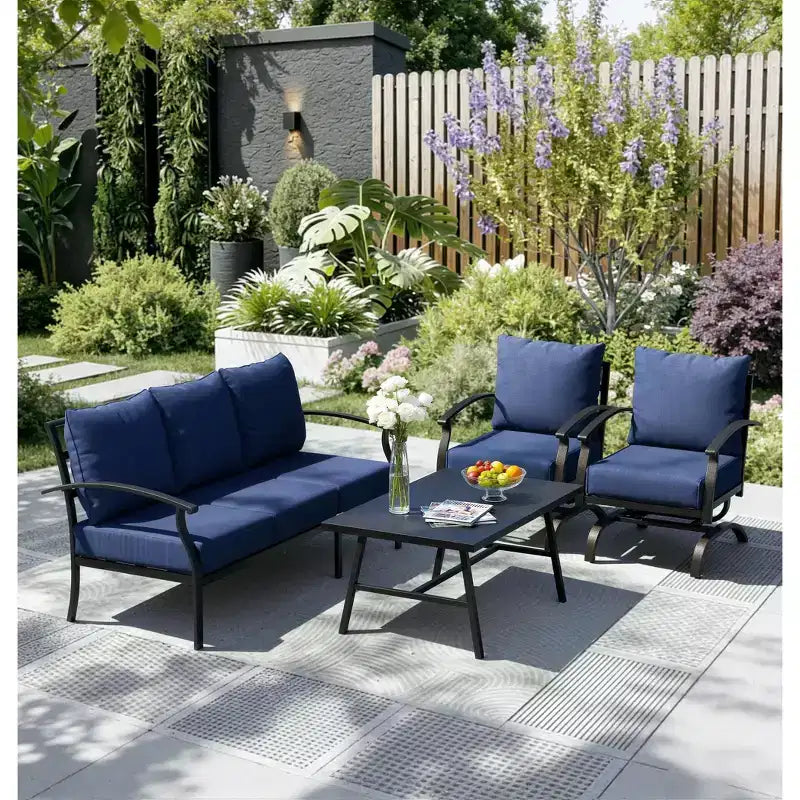 ALAULM 5-Sitzer Terrassen-Gesprächsgarnitur, Outdoor Schaukelsofa-Set mit dicken Kissen und Kaffeetisch, Bistro-Möbelset