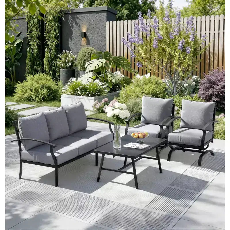 ALAULM 5-Sitzer Terrassen-Gesprächsgarnitur, Outdoor Schaukelsofa-Set mit dicken Kissen und Kaffeetisch, Bistro-Möbelset