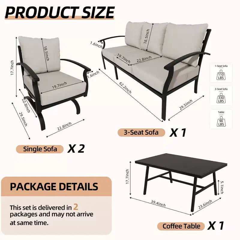 ALAULM 5-Sitzer Terrassen-Gesprächsgarnitur, Outdoor Schaukelsofa-Set mit dicken Kissen und Kaffeetisch, Bistro-Möbelset
