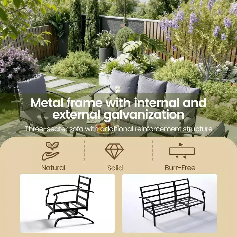 ALAULM 5-Sitzer Terrassen-Gesprächsgarnitur, Outdoor Schaukelsofa-Set mit dicken Kissen und Kaffeetisch, Bistro-Möbelset
