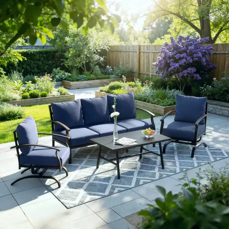 ALAULM 5-Sitzer Terrassen-Gesprächsgarnitur, Outdoor Schaukelsofa-Set mit dicken Kissen und Kaffeetisch, Bistro-Möbelset