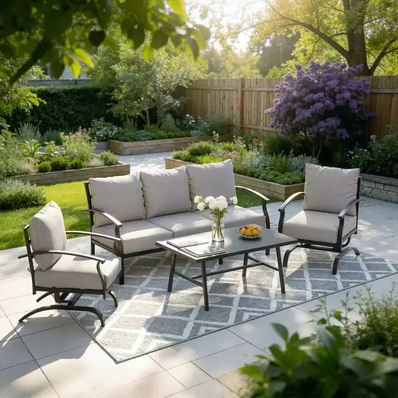 ALAULM 5-Sitzer Terrassen-Gesprächsgarnitur, Outdoor Schaukelsofa-Set mit dicken Kissen und Kaffeetisch, Bistro-Möbelset