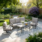 ALAULM 5-Sitzer Terrassen-Gesprächsgarnitur, Outdoor Schaukelsofa-Set mit dicken Kissen und Kaffeetisch, Bistro-Möbelset