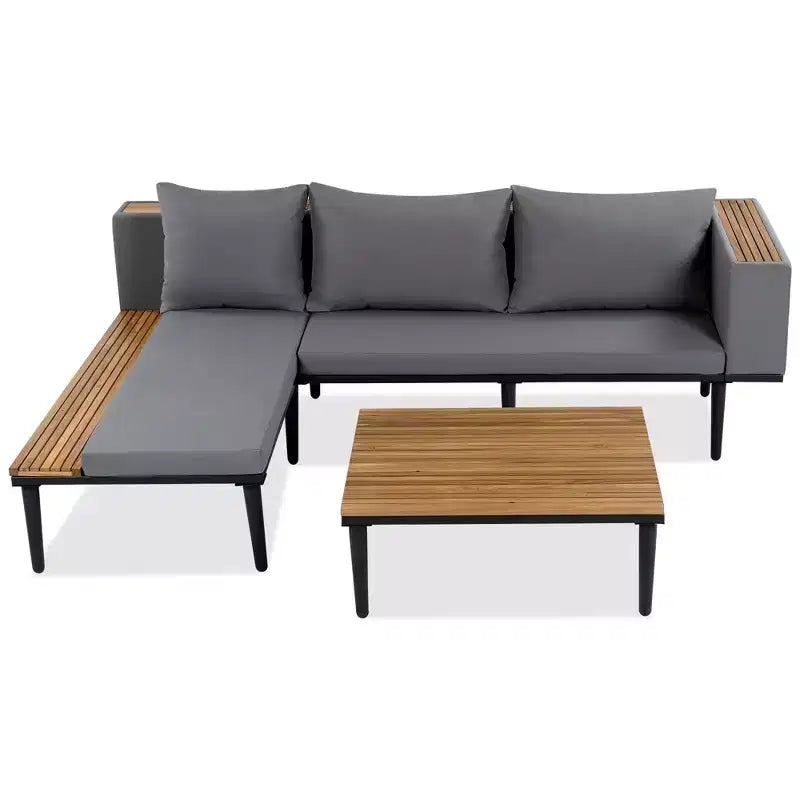 GDFStudio Nolan Terrassenmöbel Modernes L-förmiges Lounge-Set aus Akazienholz und Metall mit Couchtisch