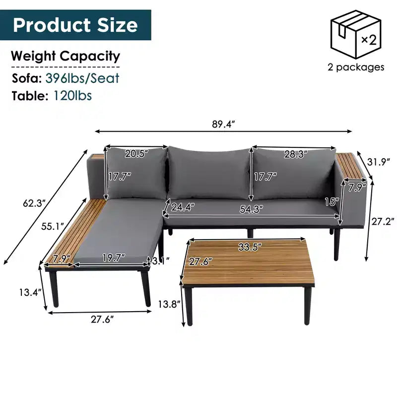 GDFStudio Nolan Terrassenmöbel Modernes L-förmiges Lounge-Set aus Akazienholz und Metall mit Couchtisch