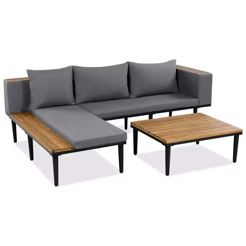 GDFStudio Nolan Terrassenmöbel Modernes L-förmiges Lounge-Set aus Akazienholz und Metall mit Couchtisch