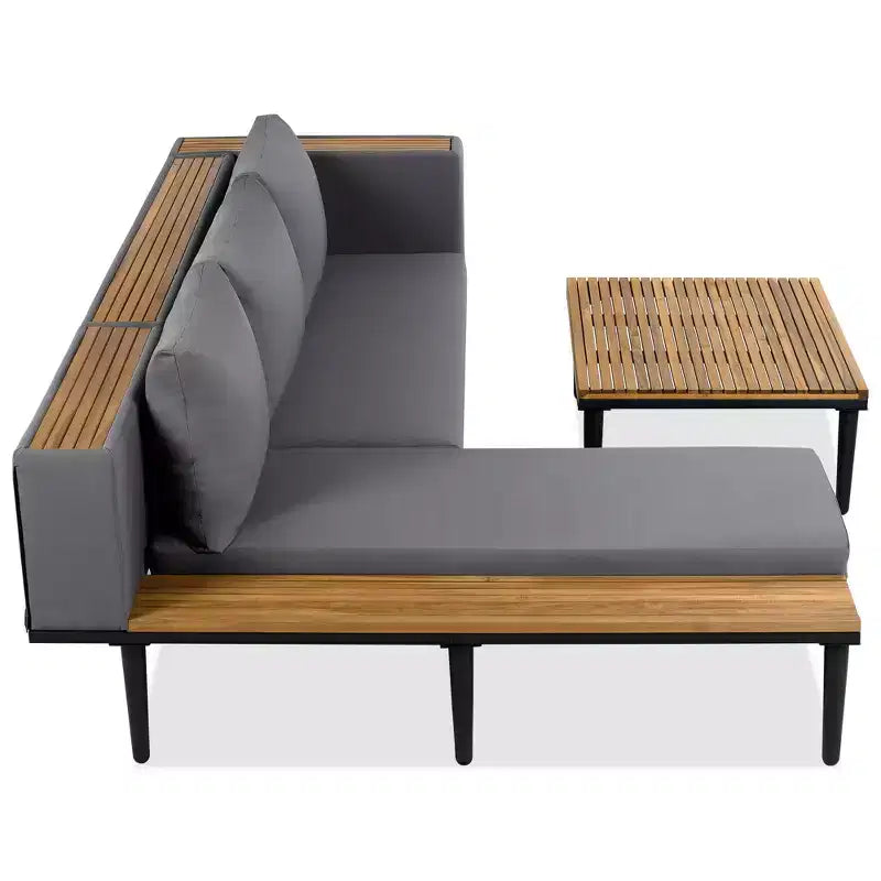 GDFStudio Nolan Terrassenmöbel Modernes L-förmiges Lounge-Set aus Akazienholz und Metall mit Couchtisch