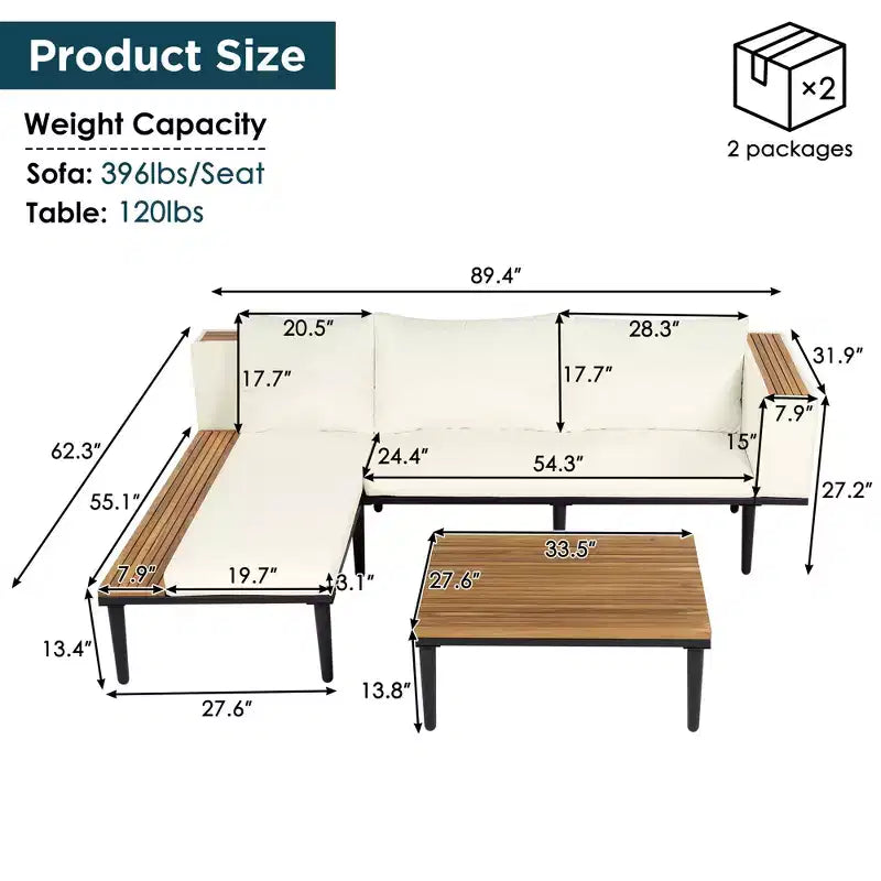 GDFStudio Nolan Terrassenmöbel Modernes L-förmiges Lounge-Set aus Akazienholz und Metall mit Couchtisch