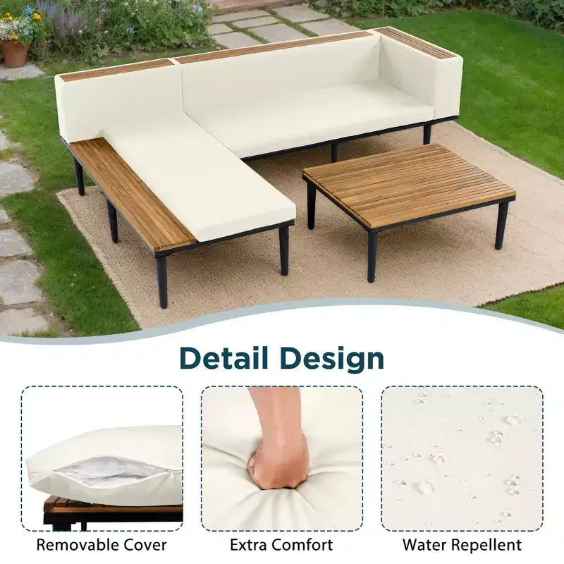 GDFStudio Nolan Terrassenmöbel Modernes L-förmiges Lounge-Set aus Akazienholz und Metall mit Couchtisch