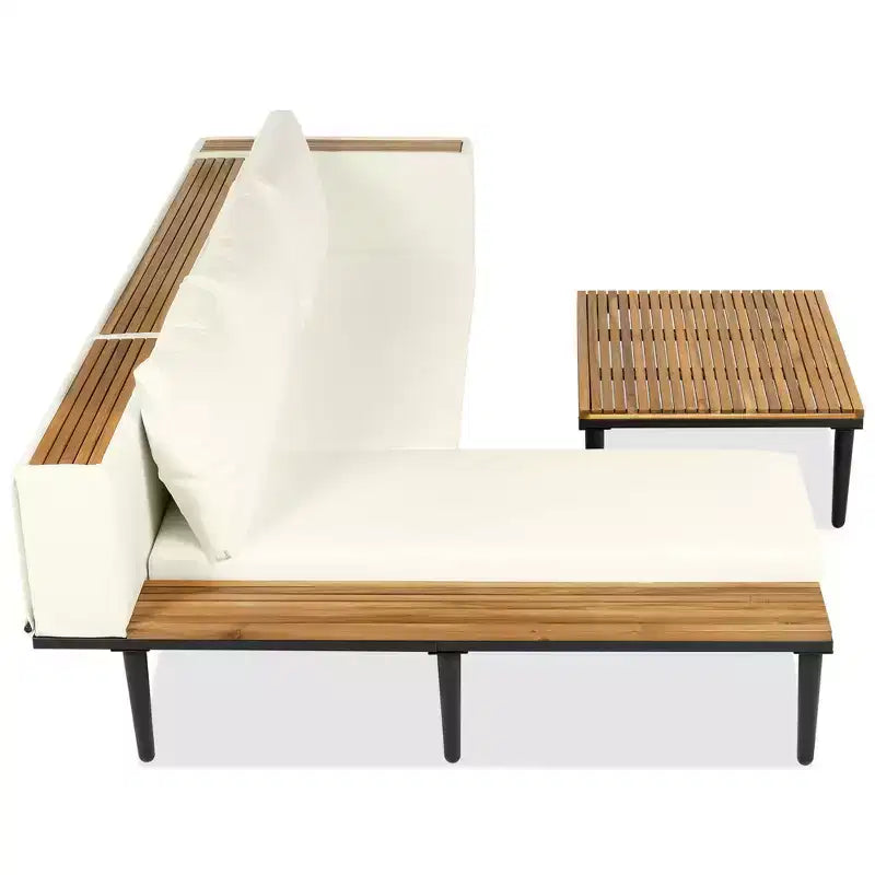 GDFStudio Nolan Terrassenmöbel Modernes L-förmiges Lounge-Set aus Akazienholz und Metall mit Couchtisch