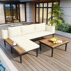 GDFStudio Nolan Patio Modern Acacia Wood and Metal L-Shaped Sofa Conversation Set with Coffee Table