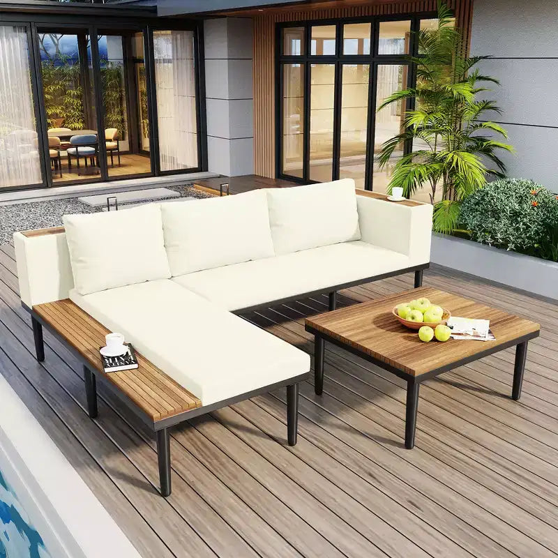 GDFStudio Nolan Patio Modern Acacia Wood and Metal L-Shaped Sofa Conversation Set with Coffee Table