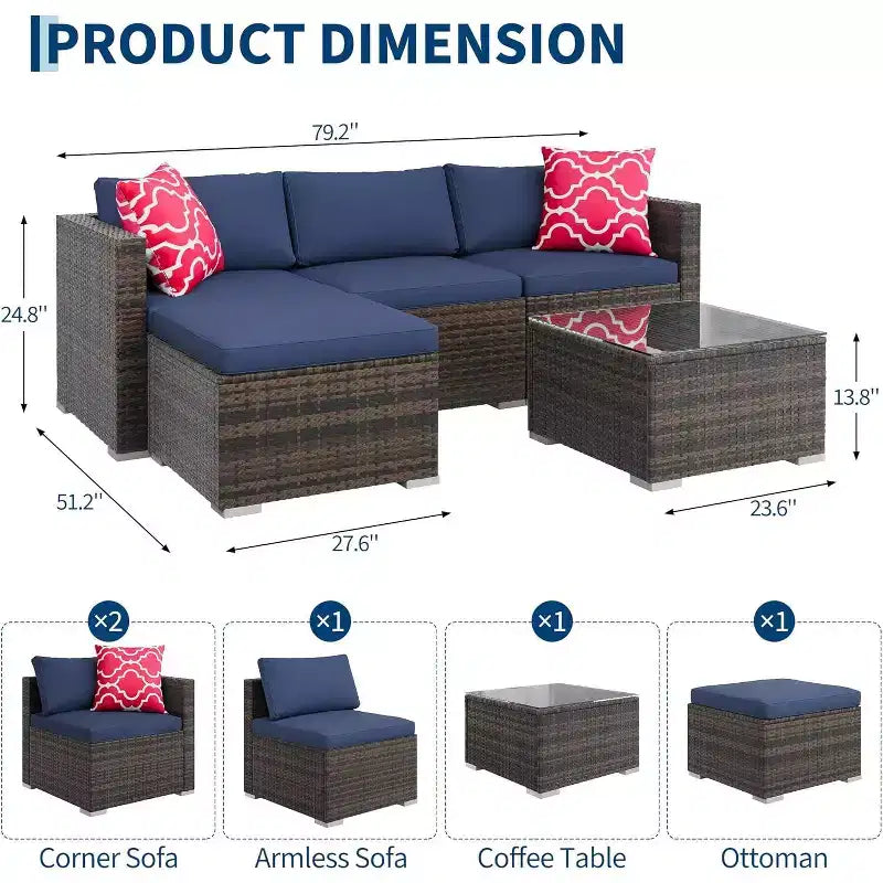 Acekool 5-teiliges Rattan-Terrassen-Sofa-Set, modulares Outdoor-Möbel mit Kissen, für Garten, Terrasse, Poolbereich