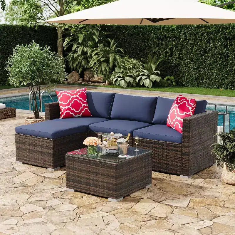 Acekool 5-teiliges Rattan-Terrassen-Sofa-Set, modulares Outdoor-Möbel mit Kissen, für Garten, Terrasse, Poolbereich