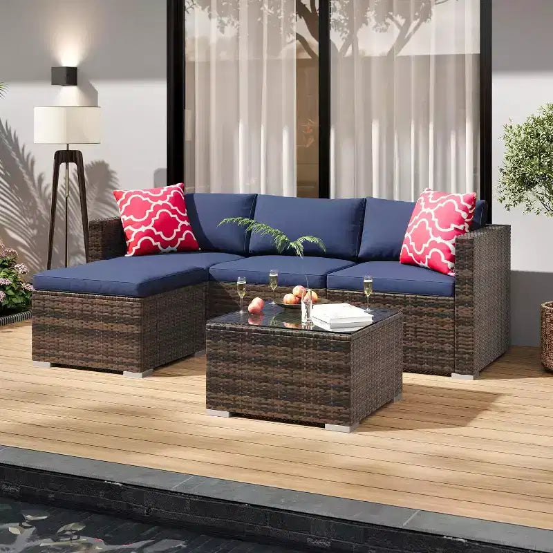 Acekool 5-teiliges Rattan-Terrassen-Sofa-Set, modulares Outdoor-Möbel mit Kissen, für Garten, Terrasse, Poolbereich