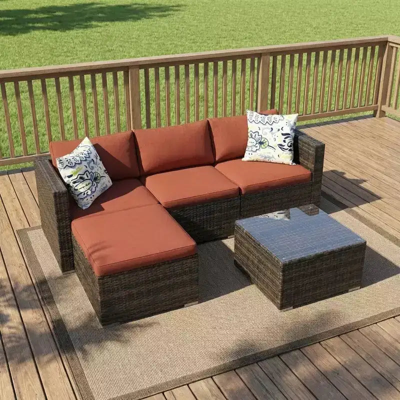 Acekool 5-teiliges Rattan-Terrassen-Sofa-Set, modulares Outdoor-Möbel mit Kissen, für Garten, Terrasse, Poolbereich