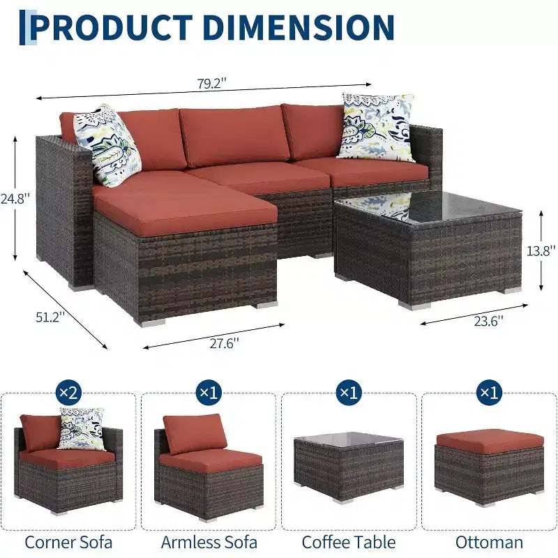 Acekool 5-teiliges Rattan-Terrassen-Sofa-Set, modulares Outdoor-Möbel mit Kissen, für Garten, Terrasse, Poolbereich