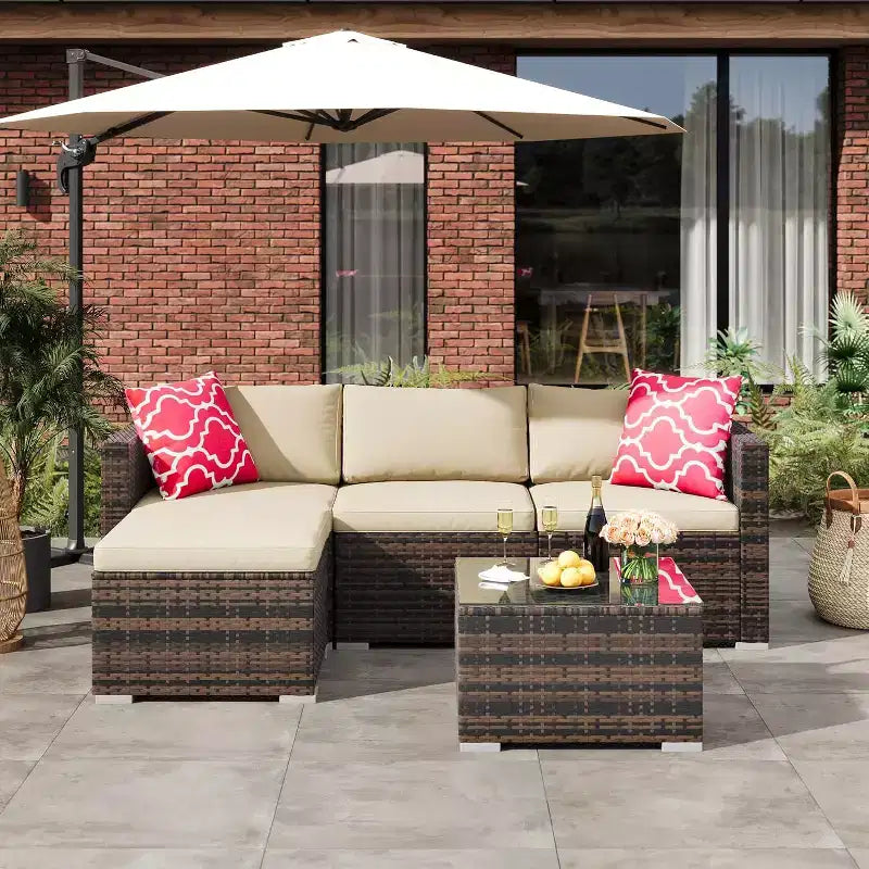 Acekool 5-teiliges Rattan-Terrassen-Sofa-Set, modulares Outdoor-Möbel mit Kissen, für Garten, Terrasse, Poolbereich