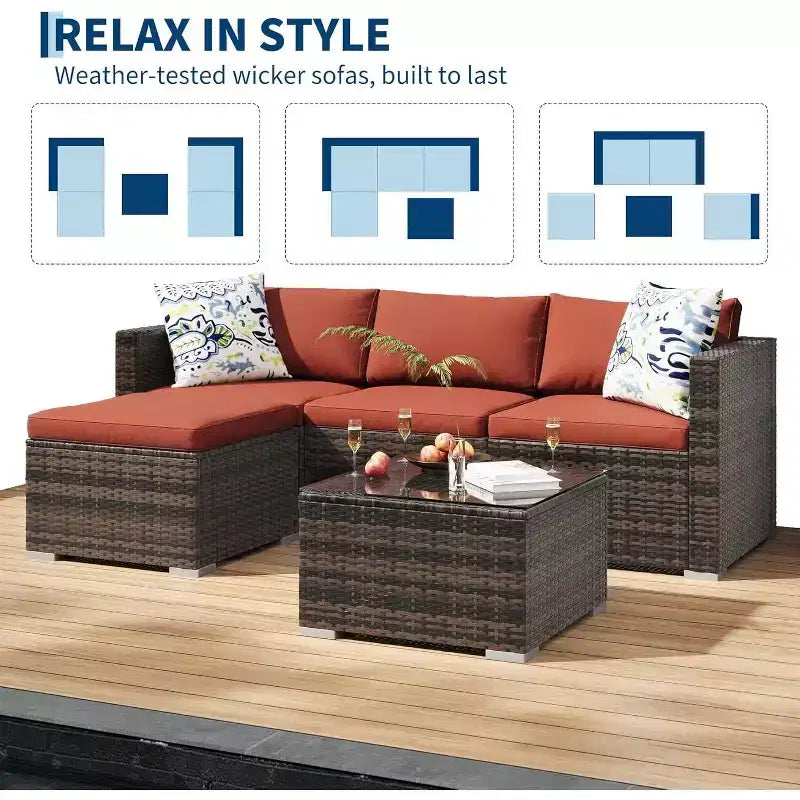 Acekool 5-teiliges Rattan-Terrassen-Sofa-Set, modulares Outdoor-Möbel mit Kissen, für Garten, Terrasse, Poolbereich