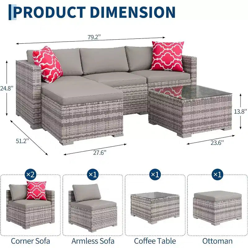 Acekool 5-teiliges Rattan-Terrassen-Sofa-Set, modulares Outdoor-Möbel mit Kissen, für Garten, Terrasse, Poolbereich
