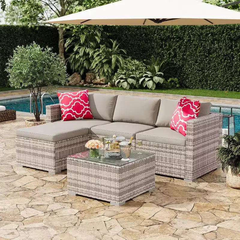 Acekool 5-teiliges Rattan-Terrassen-Sofa-Set, modulares Outdoor-Möbel mit Kissen, für Garten, Terrasse, Poolbereich