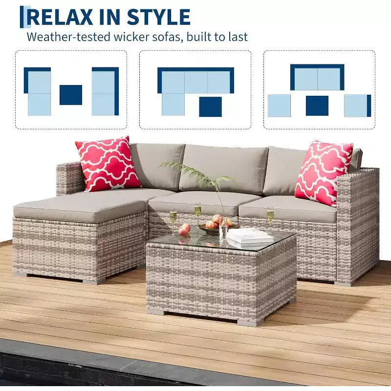 Acekool 5-teiliges Rattan-Terrassen-Sofa-Set, modulares Outdoor-Möbel mit Kissen, für Garten, Terrasse, Poolbereich