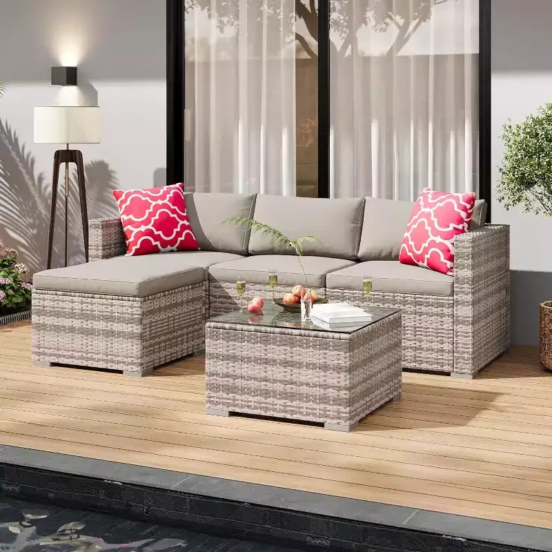 Acekool 5-teiliges Rattan-Terrassen-Sofa-Set, modulares Outdoor-Möbel mit Kissen, für Garten, Terrasse, Poolbereich