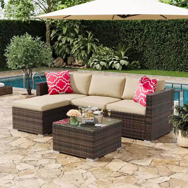 Acekool 5-teiliges Rattan-Terrassen-Sofa-Set, modulares Outdoor-Möbel mit Kissen, für Garten, Terrasse, Poolbereich