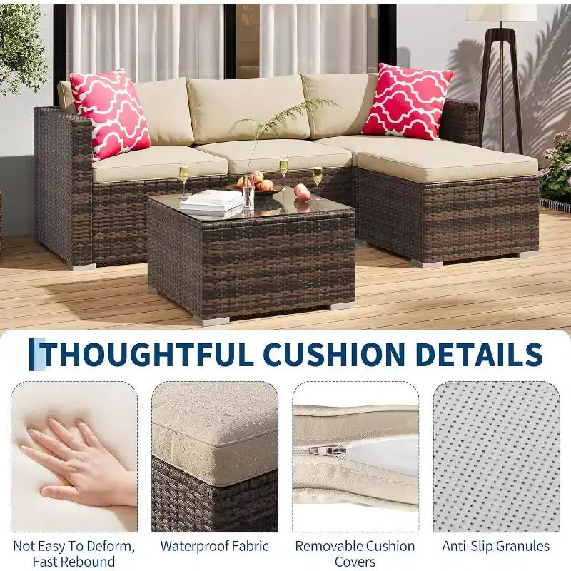Acekool 5-teiliges Rattan-Terrassen-Sofa-Set, modulares Outdoor-Möbel mit Kissen, für Garten, Terrasse, Poolbereich