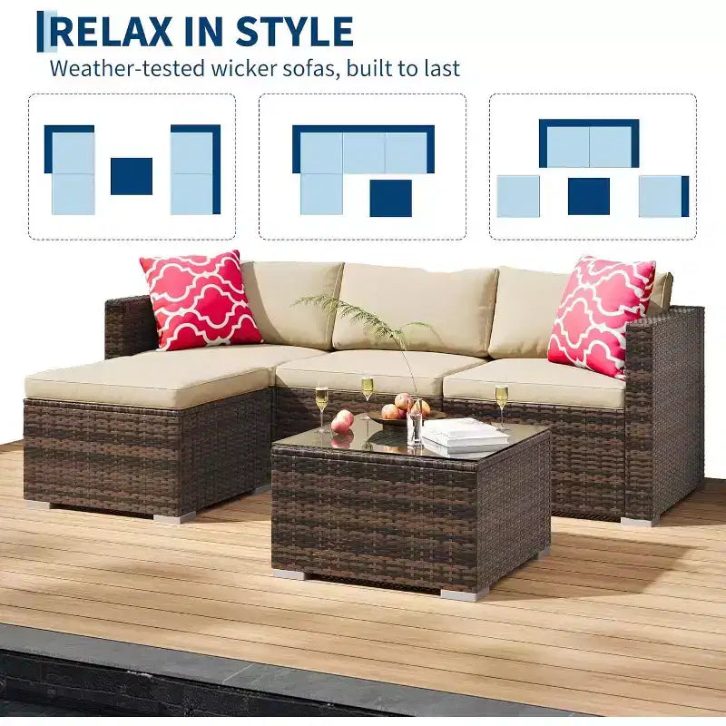 Acekool 5-teiliges Rattan-Terrassen-Sofa-Set, modulares Outdoor-Möbel mit Kissen, für Garten, Terrasse, Poolbereich