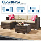 Acekool 5-teiliges Rattan-Terrassen-Sofa-Set, modulares Outdoor-Möbel mit Kissen, für Garten, Terrasse, Poolbereich