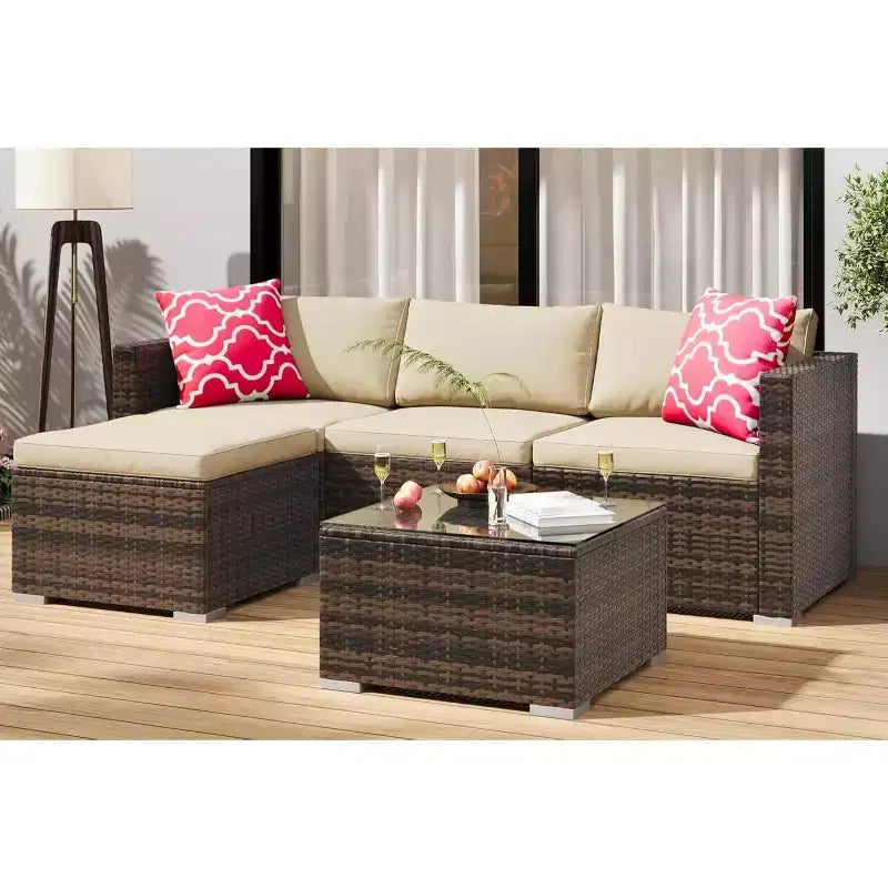 Acekool 5-Piece Rattan Patio Sectional Sofa Set, Modular Outdoor Furniture with Cushions, for Backyard, Garden, Poolside
