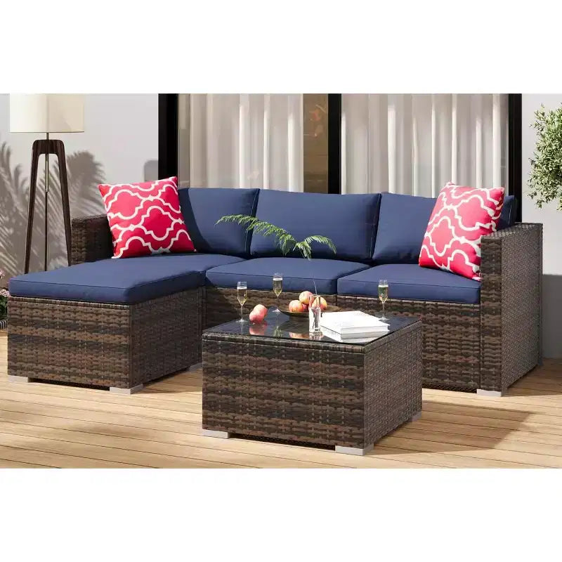 Acekool 5-teiliges Rattan-Terrassen-Sofa-Set, modulares Outdoor-Möbel mit Kissen, für Garten, Terrasse, Poolbereich