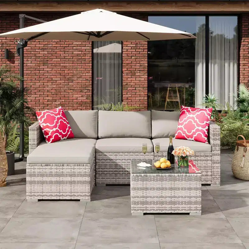 Acekool 5-teiliges Rattan-Terrassen-Sofa-Set, modulares Outdoor-Möbel mit Kissen, für Garten, Terrasse, Poolbereich