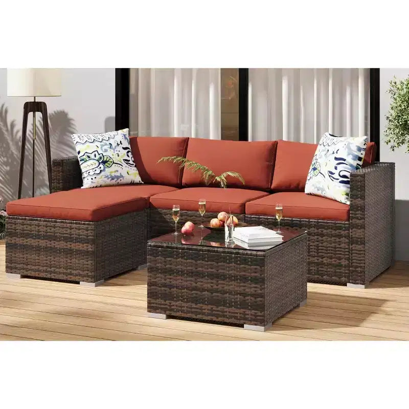 Acekool 5-teiliges Rattan-Terrassen-Sofa-Set, modulares Outdoor-Möbel mit Kissen, für Garten, Terrasse, Poolbereich