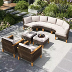 Captiva Designs 9pc Outdoor Wicker Rattan Patio Half-Moon Curved Sectional Sofa Conversation Set with Cushioned Ottoman