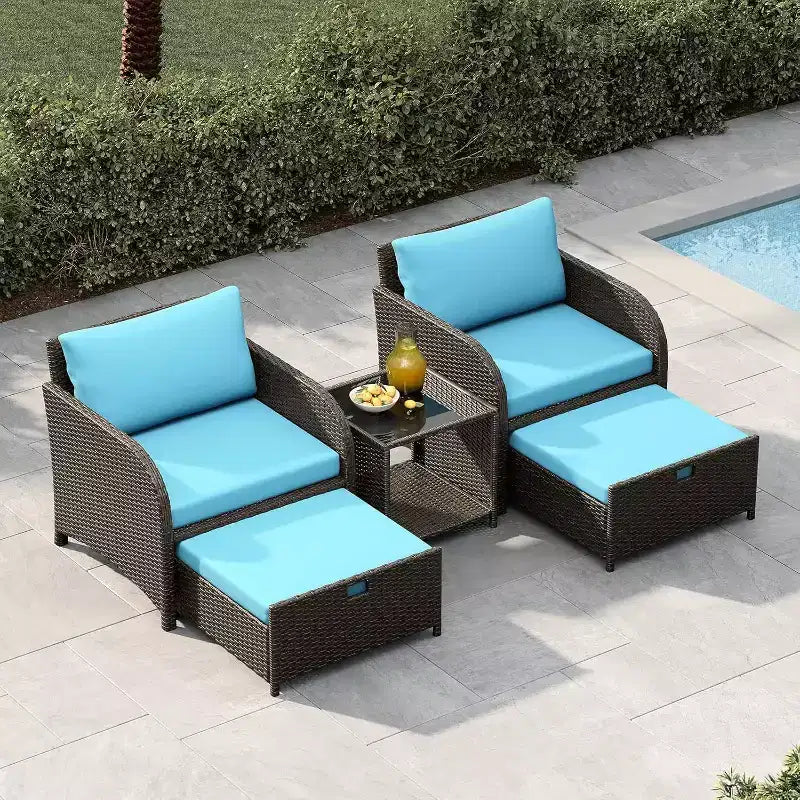 5-Piece PE Rattan Outdoor Seating Set With Ottomans and Glass Tabletop for Patio, Garden, Balcony
